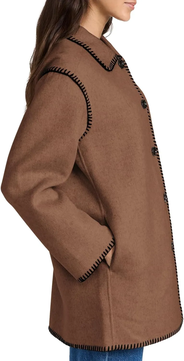 Yousify Women's Fall Winter Jackets 2024 Trendy Warm Mid Length Wool Pea Coat Casual Lapel Plus Size Jackets