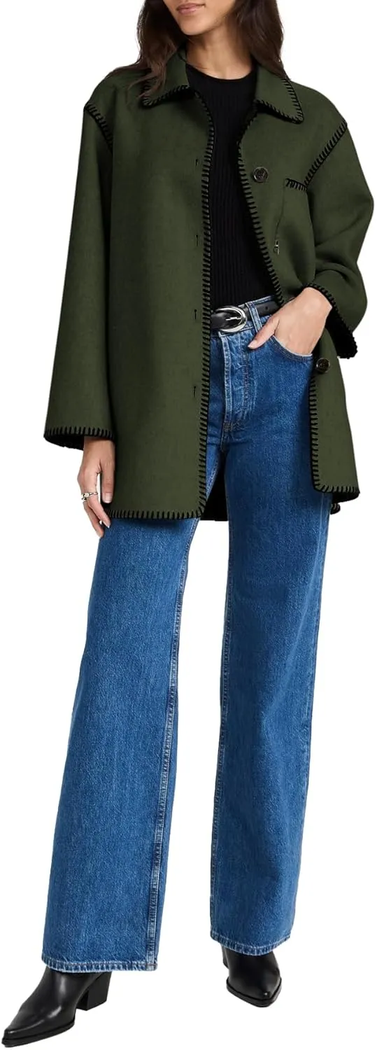 Yousify Women's Fall Winter Jackets 2024 Trendy Warm Mid Length Wool Pea Coat Casual Lapel Plus Size Jackets