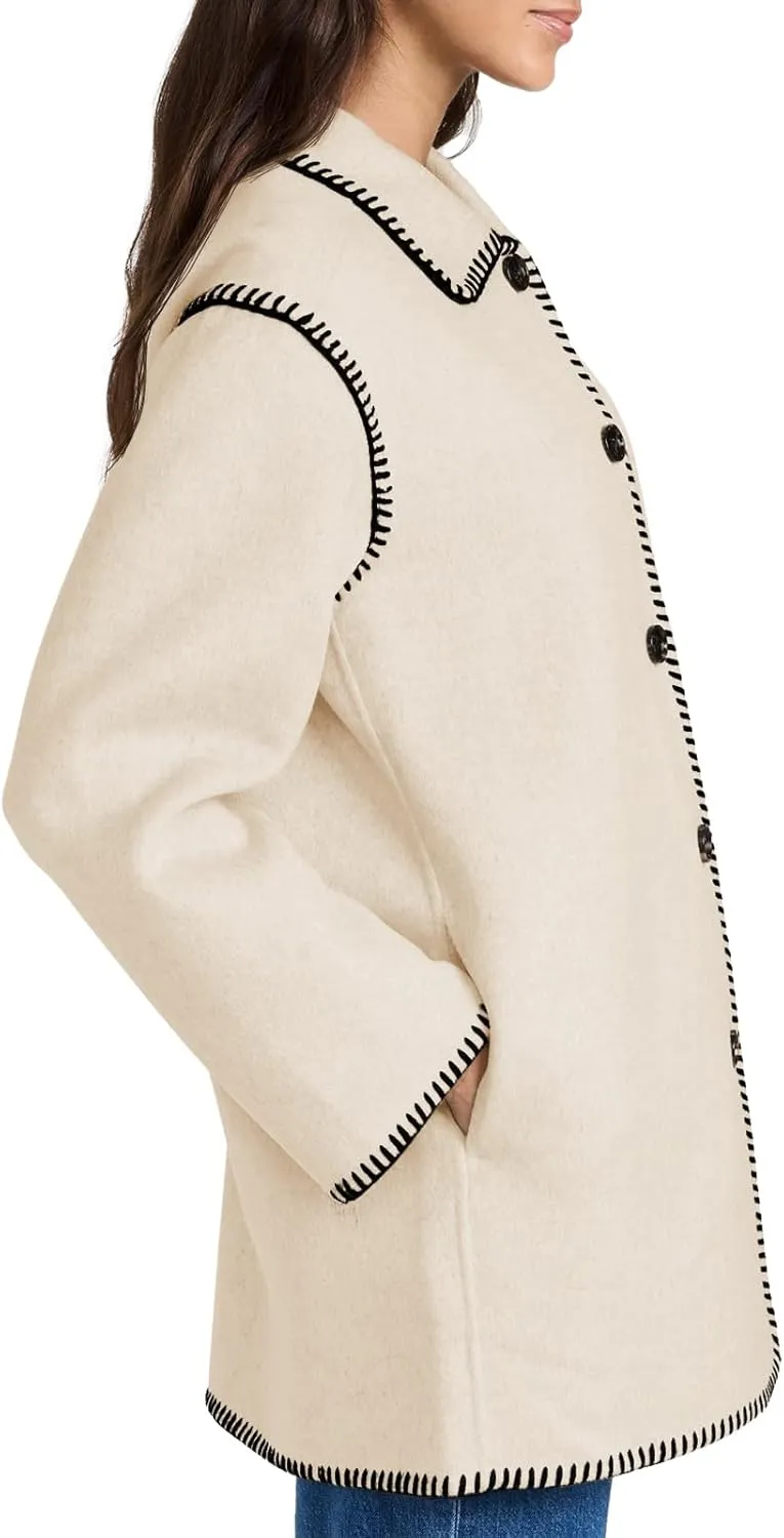 Yousify Women's Fall Winter Jackets 2024 Trendy Warm Mid Length Wool Pea Coat Casual Lapel Plus Size Jackets