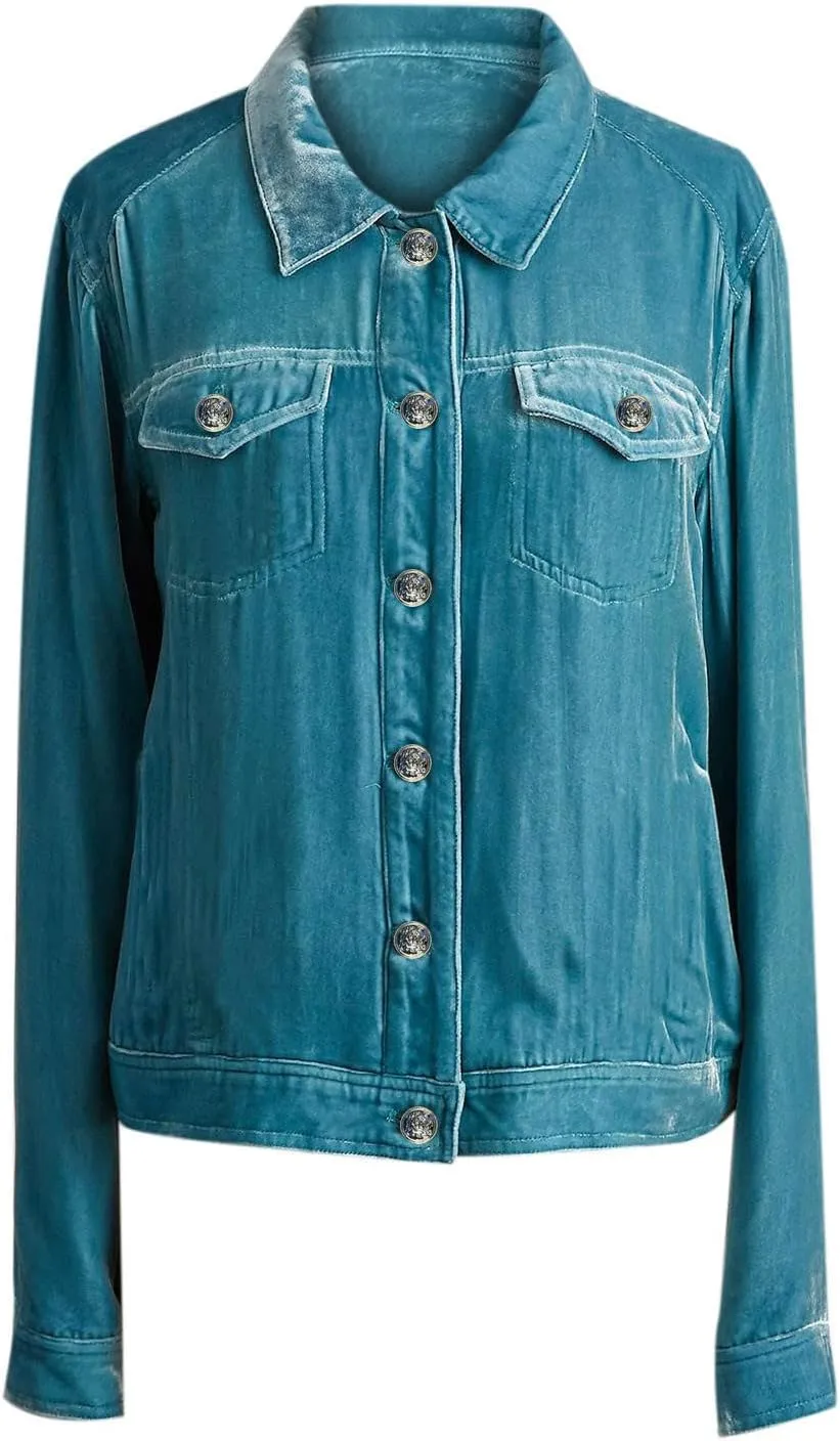 YUHGODO Velvet Denim Jacket Womens Vintage Trucker Jacket Button Down Cropped Cargo Office Shacket Tops Winter Casual Coats