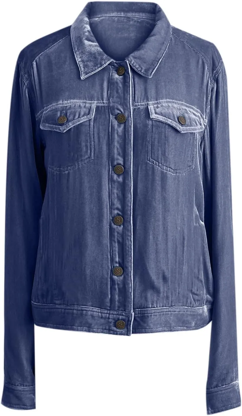 YUHGODO Velvet Denim Jacket Womens Vintage Trucker Jacket Button Down Cropped Cargo Office Shacket Tops Winter Casual Coats