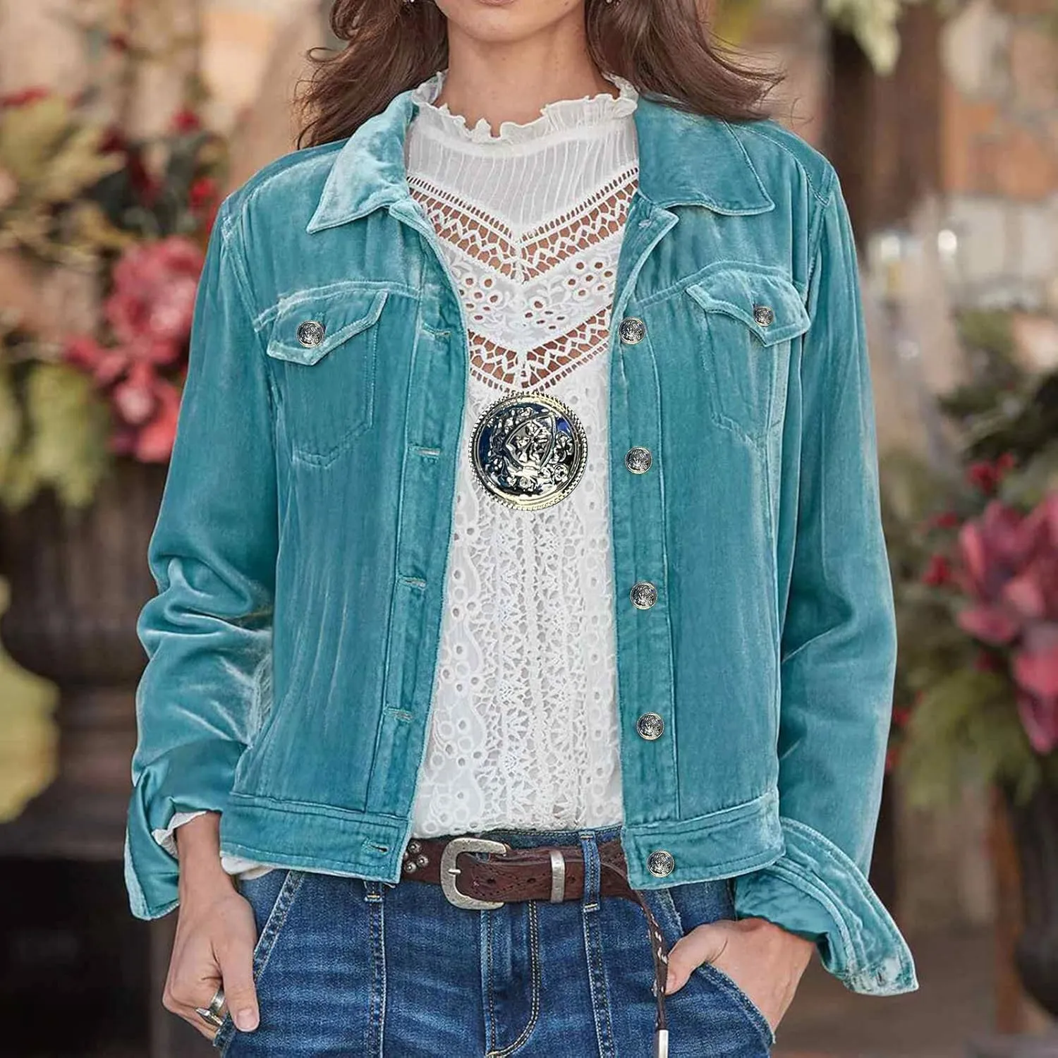 YUHGODO Velvet Denim Jacket Womens Vintage Trucker Jacket Button Down Cropped Cargo Office Shacket Tops Winter Casual Coats