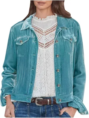 YUHGODO Velvet Denim Jacket Womens Vintage Trucker Jacket Button Down Cropped Cargo Office Shacket Tops Winter Casual Coats