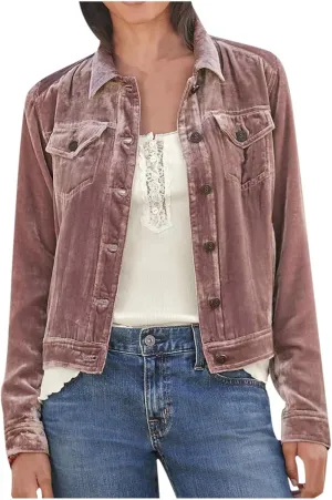 YUHGODO Velvet Denim Jacket Womens Vintage Trucker Jacket Button Down Cropped Cargo Office Shacket Tops Winter Casual Coats