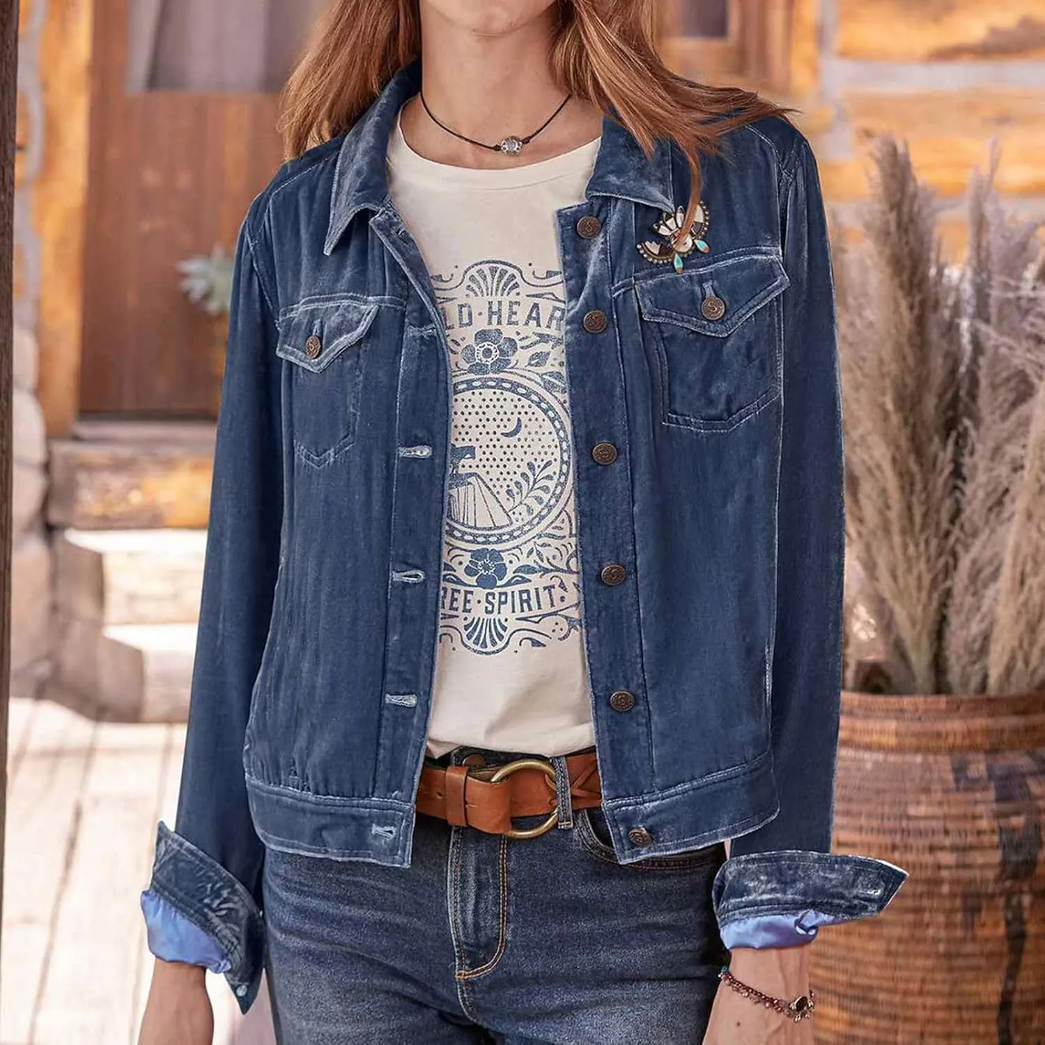 YUHGODO Velvet Denim Jacket Womens Vintage Trucker Jacket Button Down Cropped Cargo Office Shacket Tops Winter Casual Coats