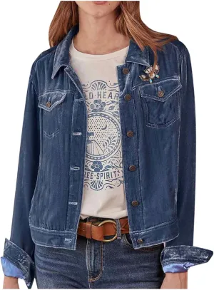 YUHGODO Velvet Denim Jacket Womens Vintage Trucker Jacket Button Down Cropped Cargo Office Shacket Tops Winter Casual Coats