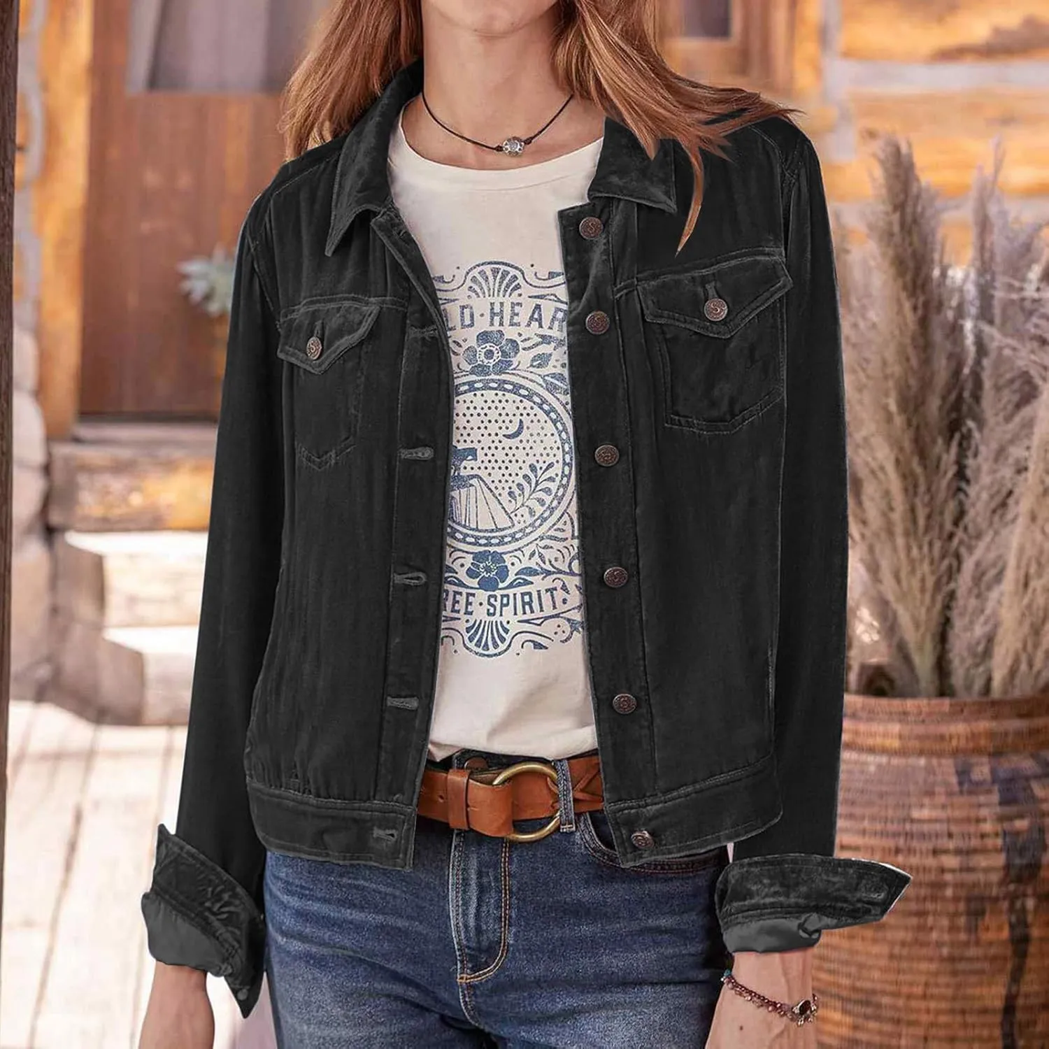 YUHGODO Womens Velvet Trucker Jacket, Retro Button Down Lapel Shacket Jackets, Solid Velour Crop Tops Vintage Denim Jacket