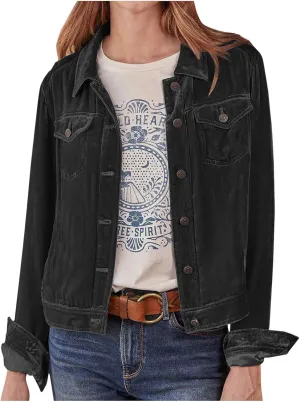 YUHGODO Womens Velvet Trucker Jacket, Retro Button Down Lapel Shacket Jackets, Solid Velour Crop Tops Vintage Denim Jacket