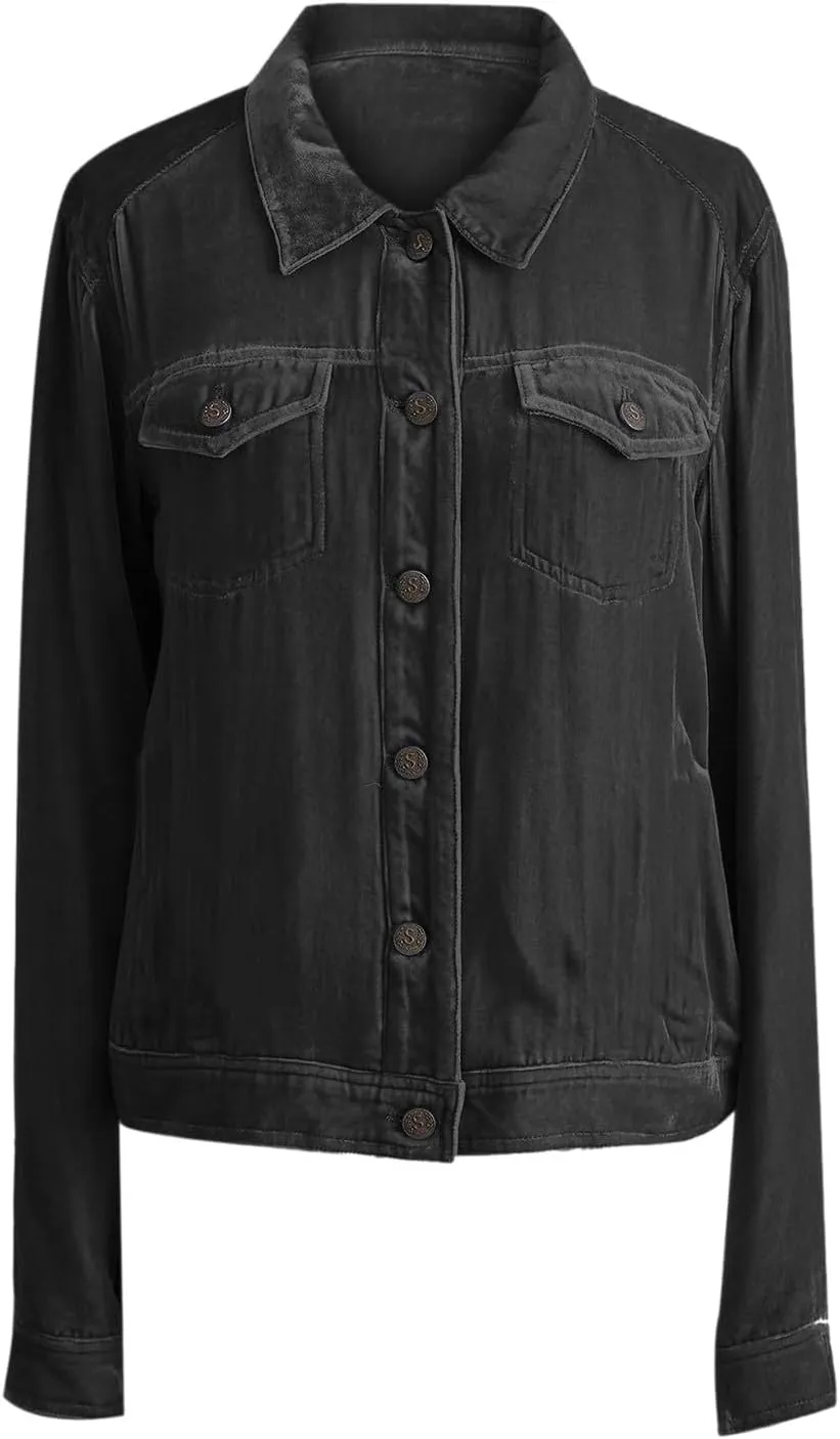 YUHGODO Womens Velvet Trucker Jacket, Retro Button Down Lapel Shacket Jackets, Solid Velour Crop Tops Vintage Denim Jacket