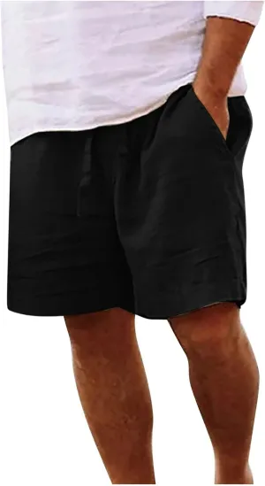 Zeiyignr Mens Shorts Casual Cotton Linen Drawstring Elastic Waist Athletic Shorts with Pockets Summer Loose Beach Short Pants