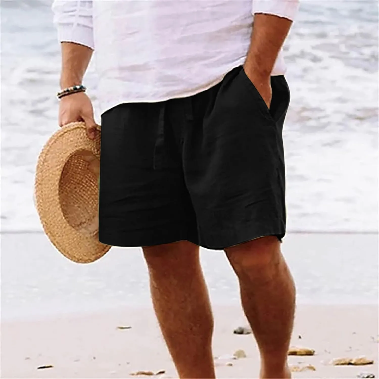 Zeiyignr Mens Shorts Casual Cotton Linen Drawstring Elastic Waist Athletic Shorts with Pockets Summer Loose Beach Short Pants